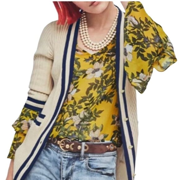 Cabi Spring Scene Mustard Floral Bell Sleeve Sheer Blouse Size M - Picture 4 of 7